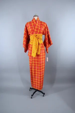 1950s Vintage Silk Kimono Robe / Orange & Yellow Plaid