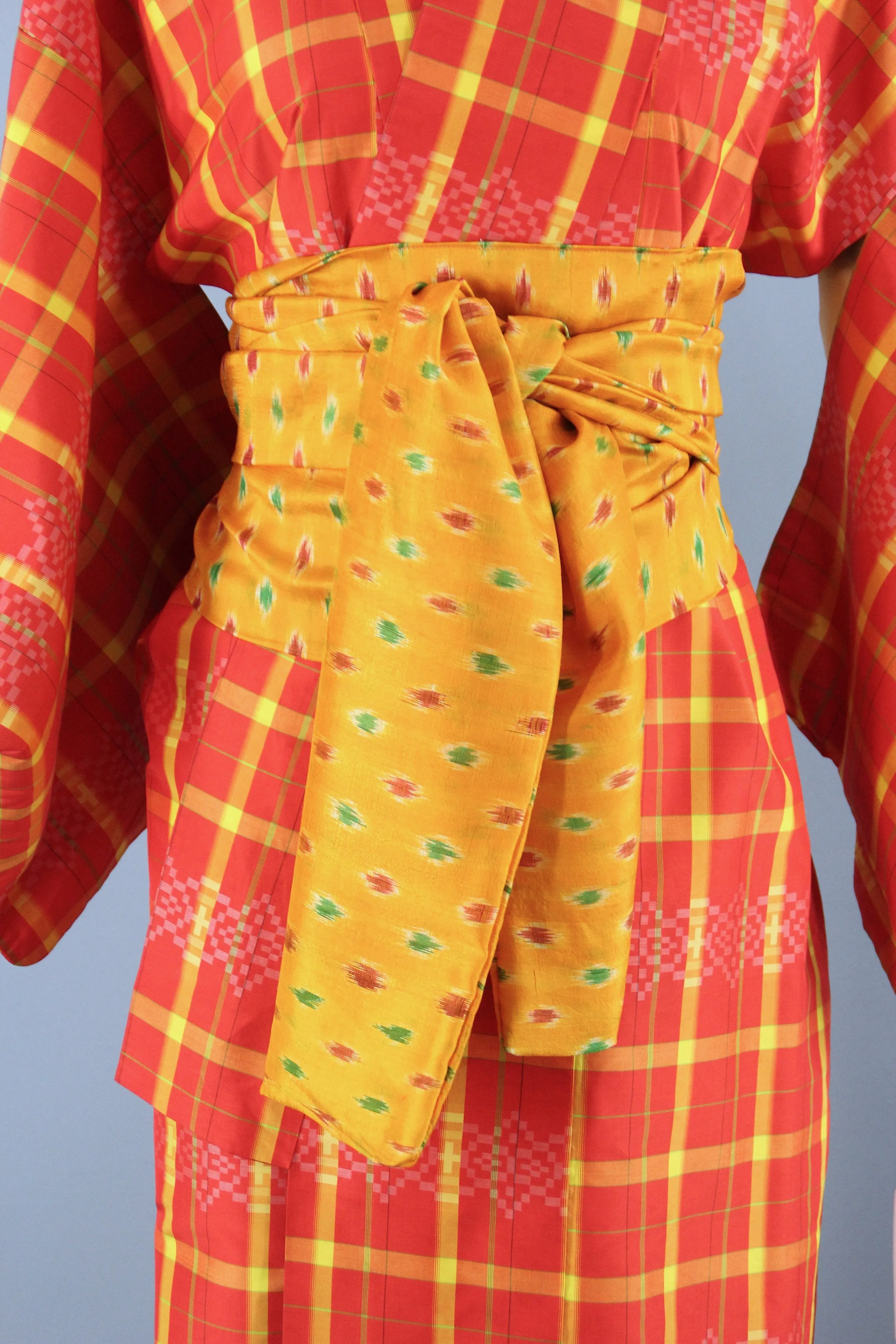 1950s Vintage Silk Kimono Robe / Orange & Yellow Plaid