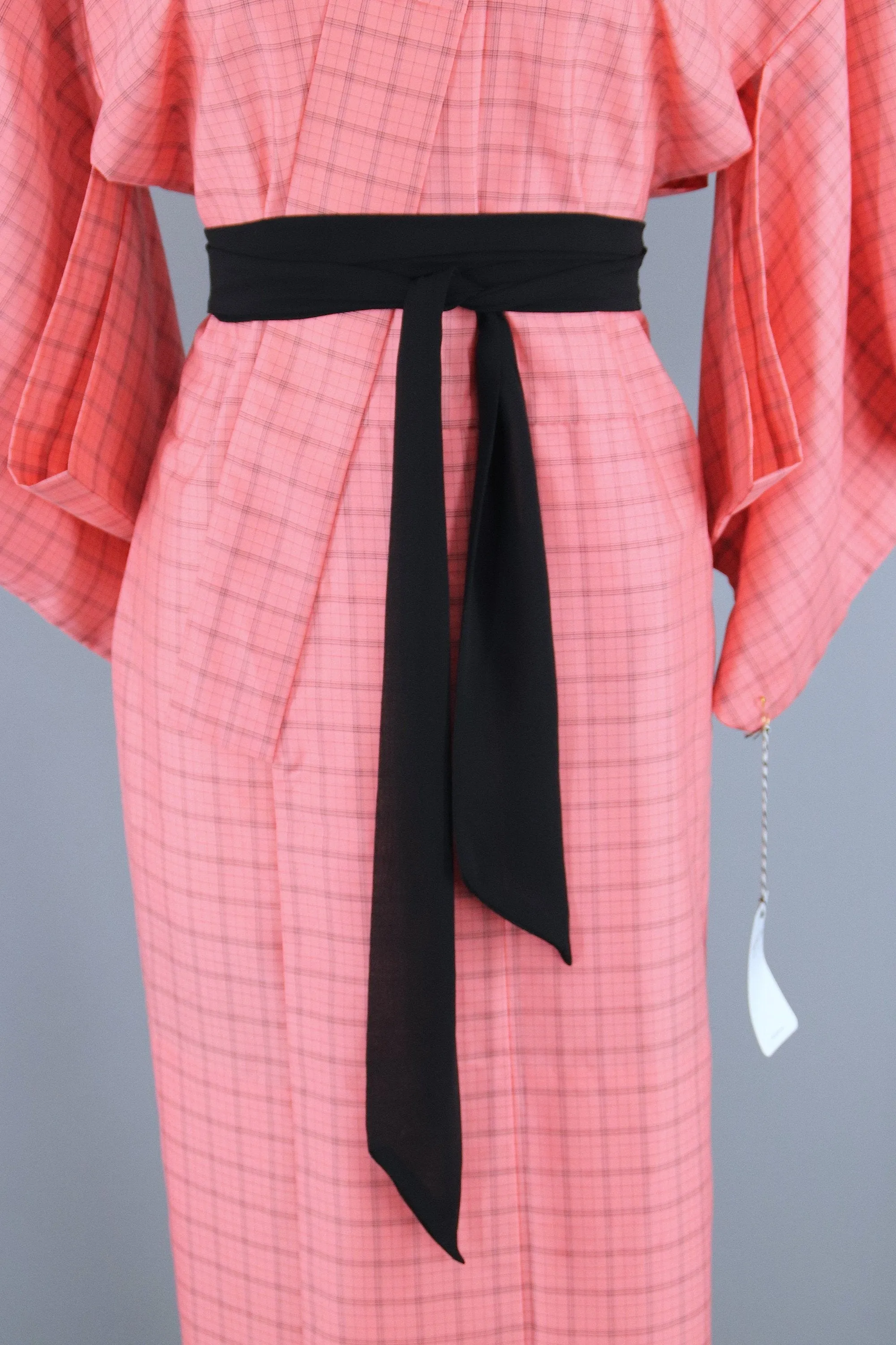 1950s Vintage Silk Kimono Robe / Pink & Black Plaid