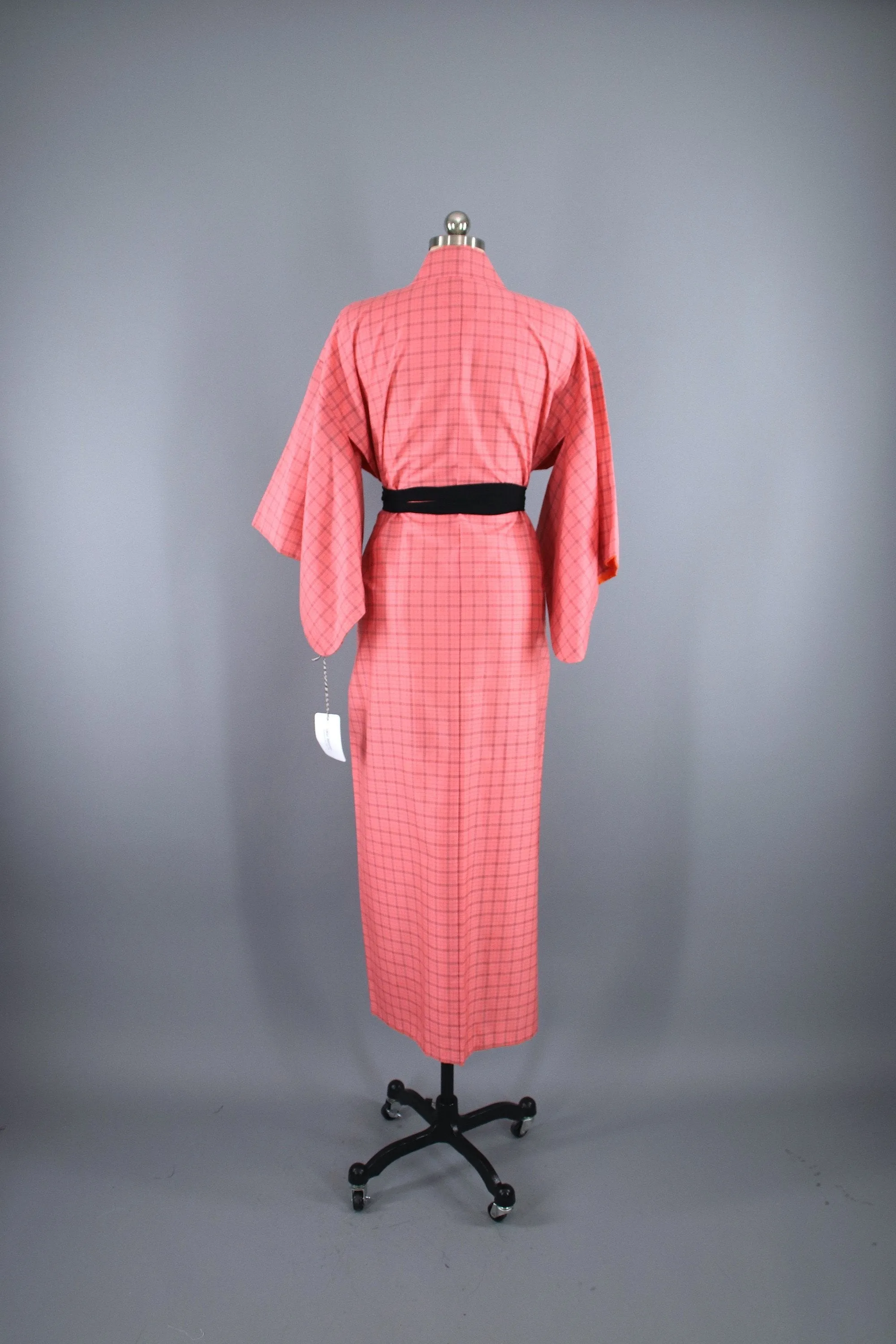 1950s Vintage Silk Kimono Robe / Pink & Black Plaid