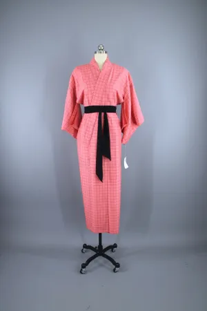 1950s Vintage Silk Kimono Robe / Pink & Black Plaid