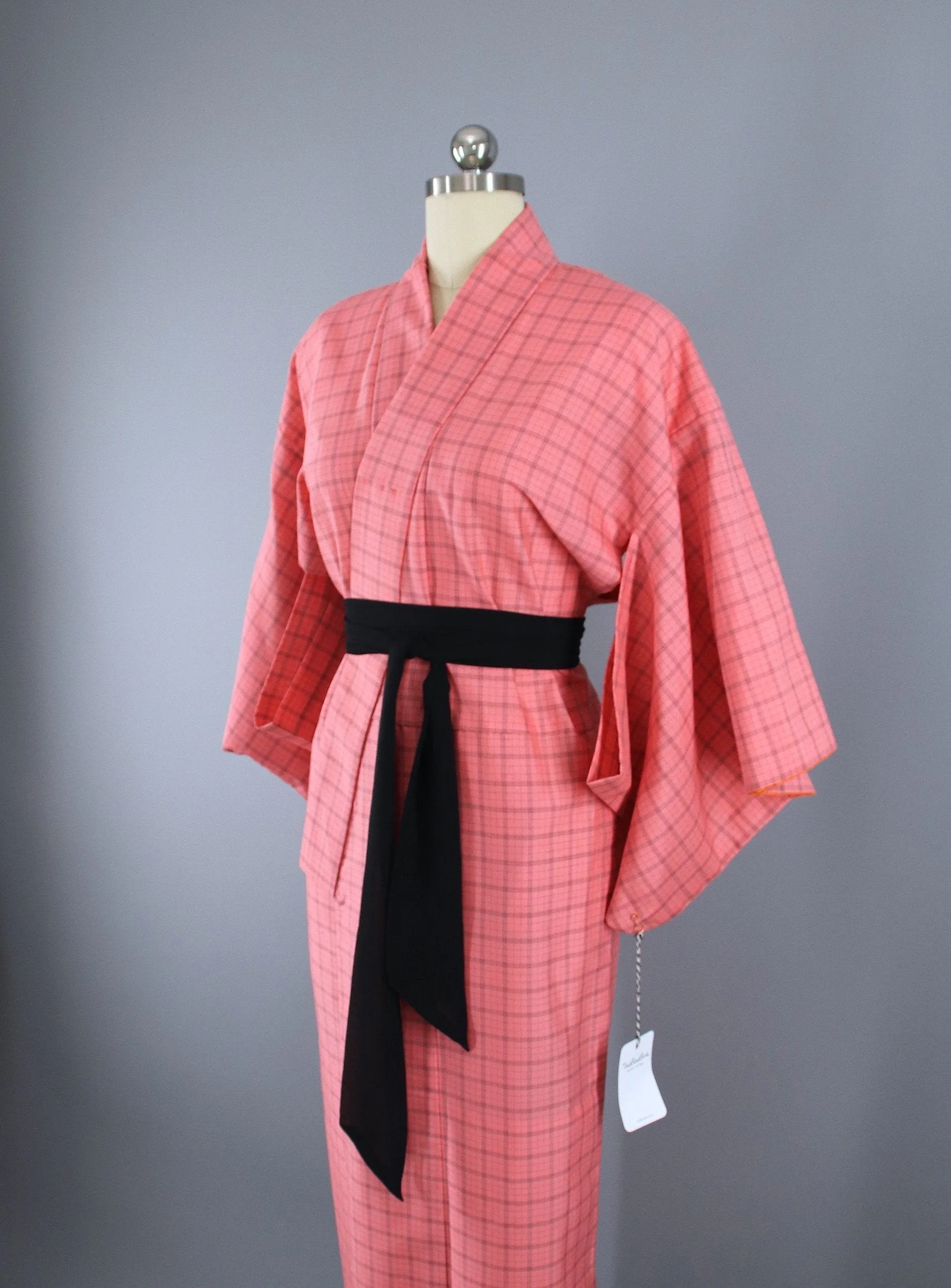 1950s Vintage Silk Kimono Robe / Pink & Black Plaid