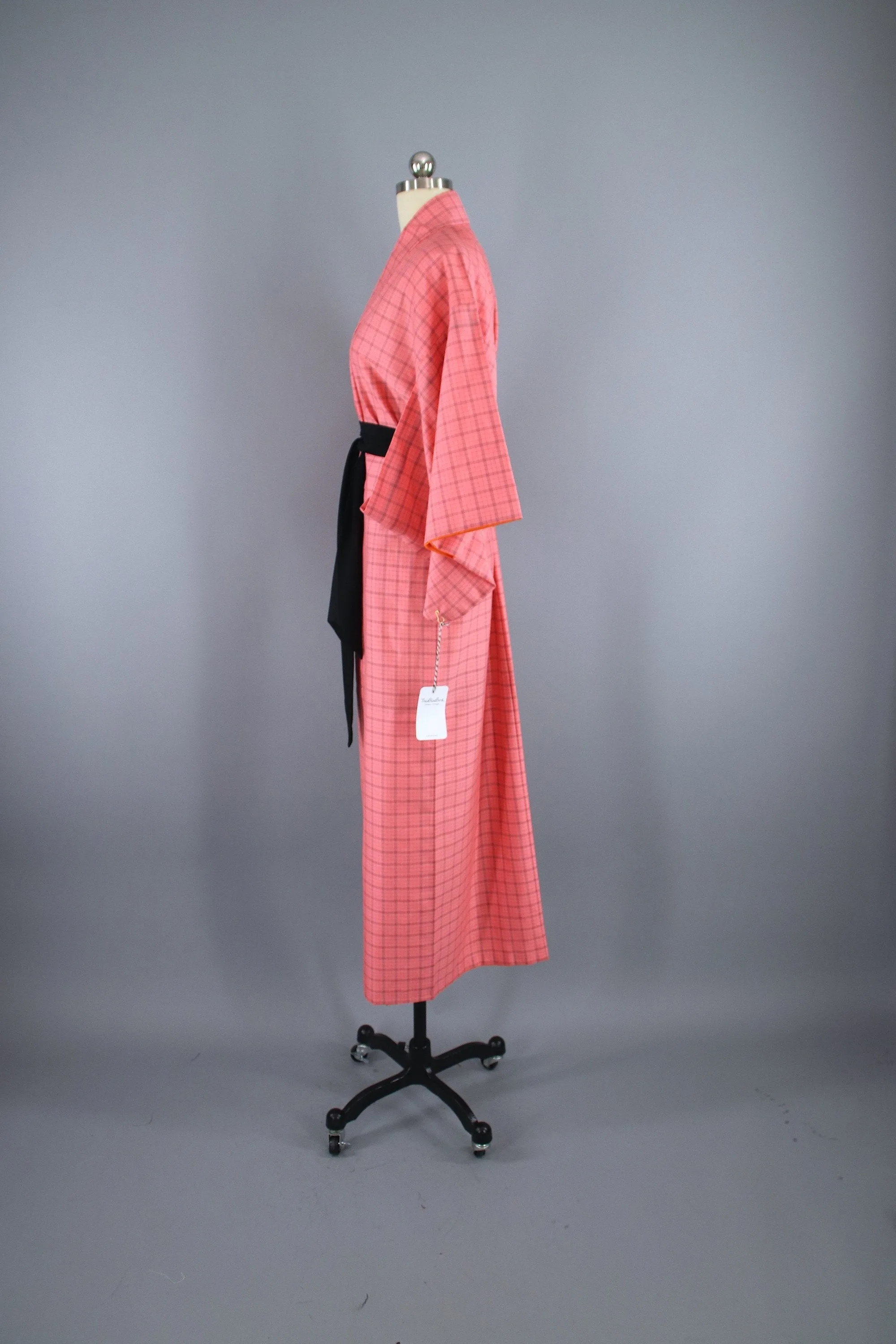 1950s Vintage Silk Kimono Robe / Pink & Black Plaid