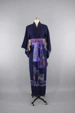 1950s Vintage Silk Kimono Robe with Blue Urn Novelty Print