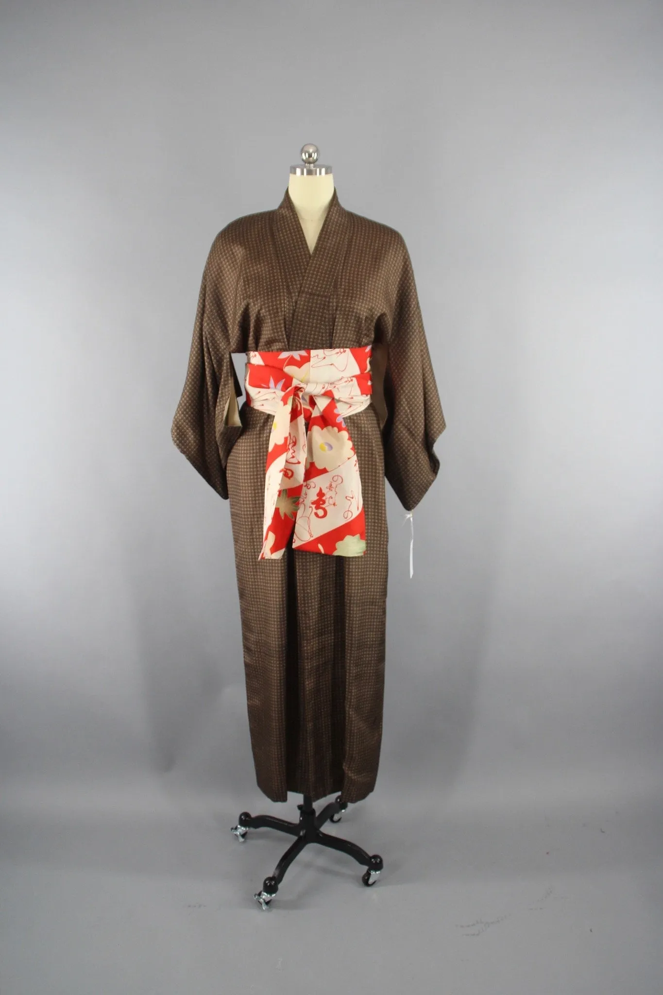 1950s Vintage Silk Kimono Robe with Brown and Maroon Polka Dots