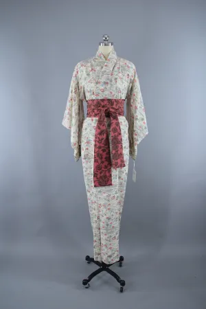 1950s Vintage Silk Kimono Robe with White & Pink Small Floral Print