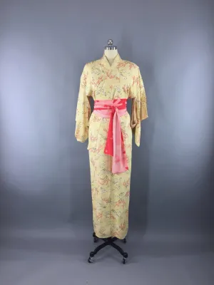 1950s Vintage Silk Kimono Robe with Yellow and Pink Floral Print