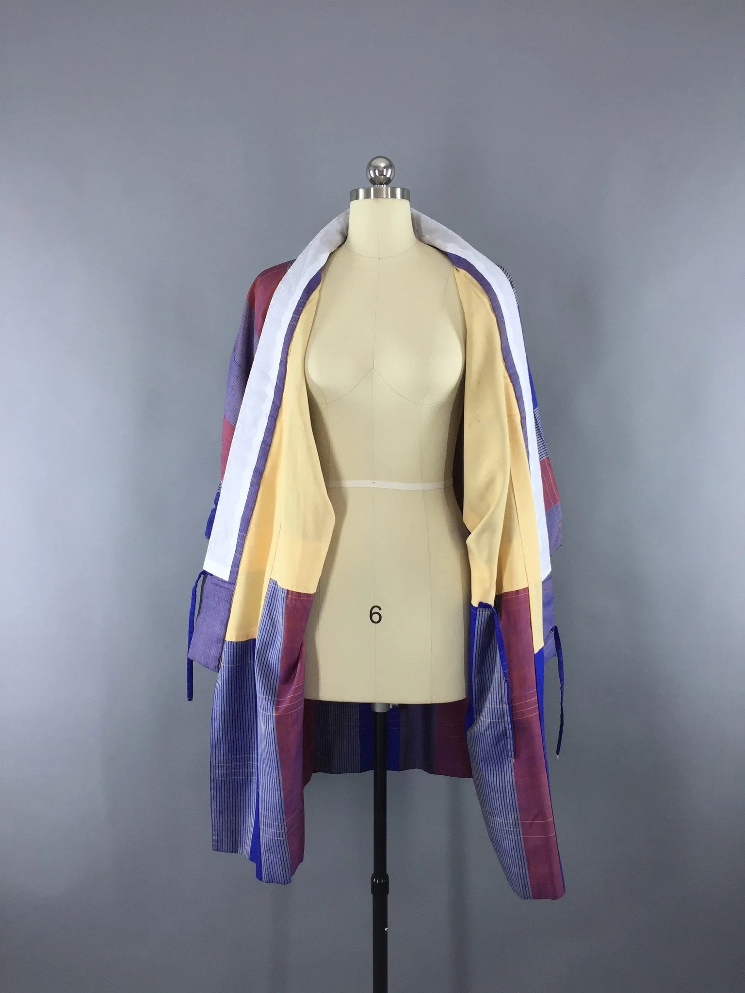 1960s Vintage Silk Haori Kimono Cardigan Jacket Wrap Coat with Blue and Maroon Stripes