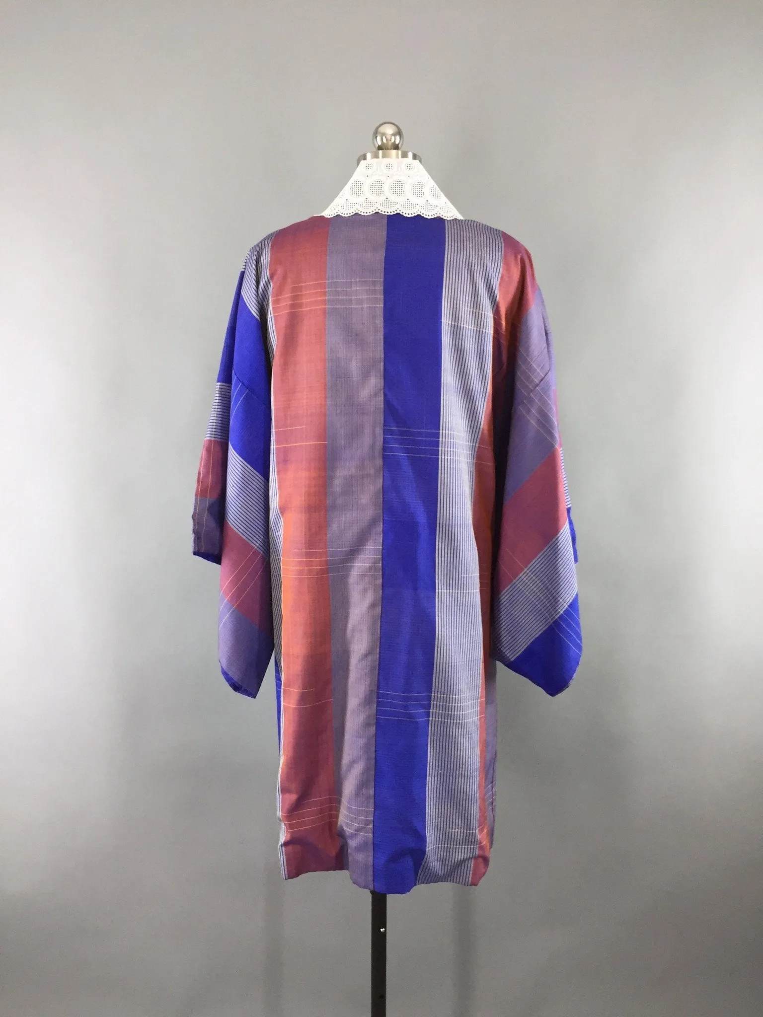 1960s Vintage Silk Haori Kimono Cardigan Jacket Wrap Coat with Blue and Maroon Stripes