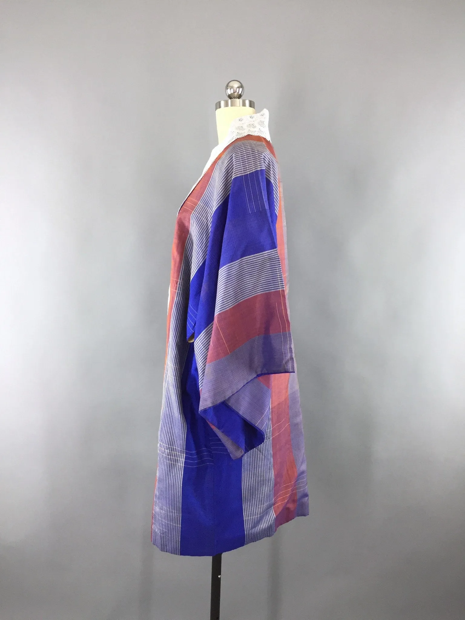 1960s Vintage Silk Haori Kimono Cardigan Jacket Wrap Coat with Blue and Maroon Stripes