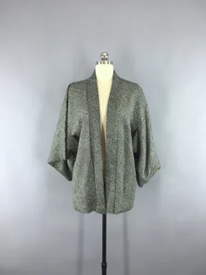 1960s Vintage Silk Kimono Jacket / Silk Haori Kimono Cardigan / Dark Forest Green Shibori