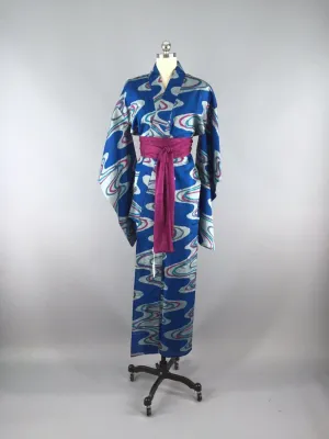 1960s Vintage Silk Kimono Robe / Blue Waves Yukata