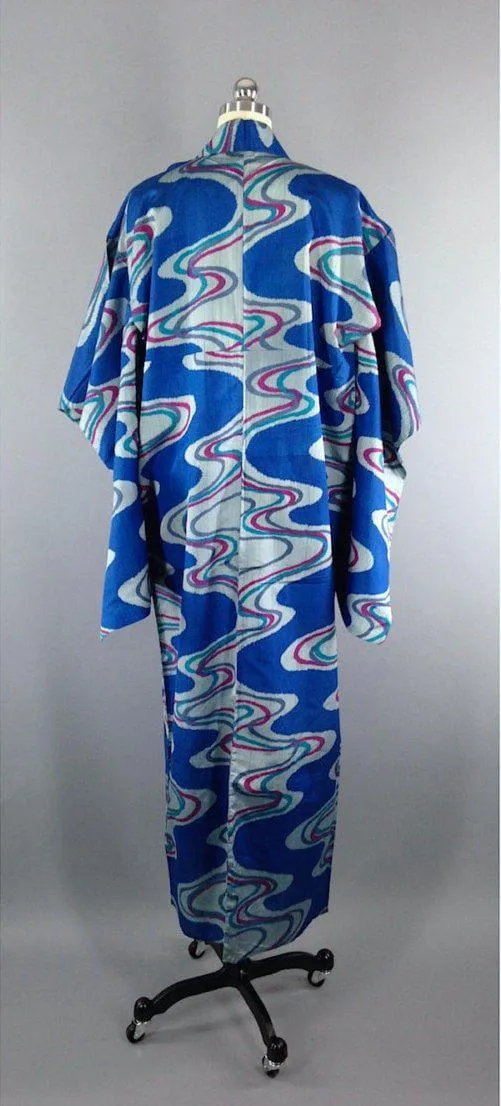 1960s Vintage Silk Kimono Robe / Blue Waves Yukata