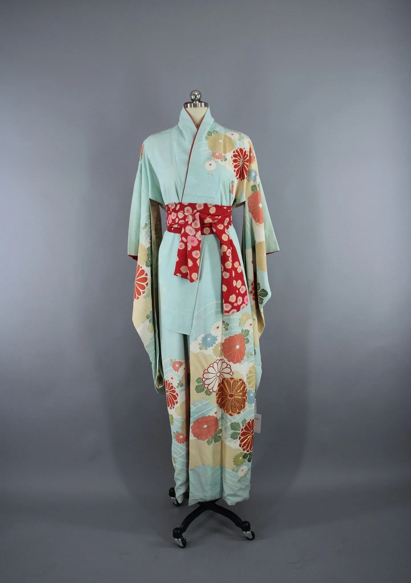 1960s Vintage Silk Kimono Robe Furisode in Aqua & Orange Floral Print