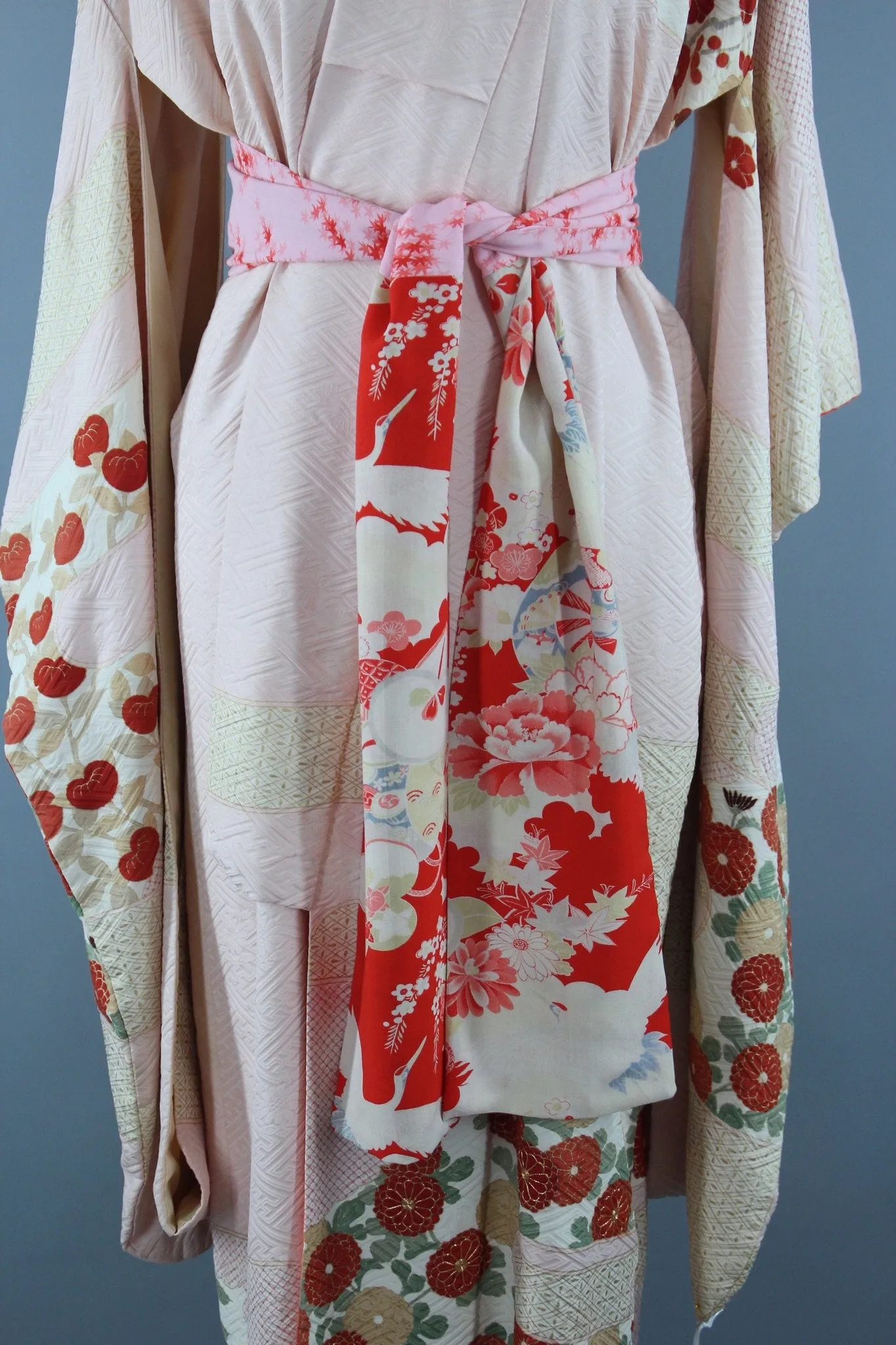 1960s Vintage Silk Kimono Robe Furisode in Pastel Pink and Red Floral Print