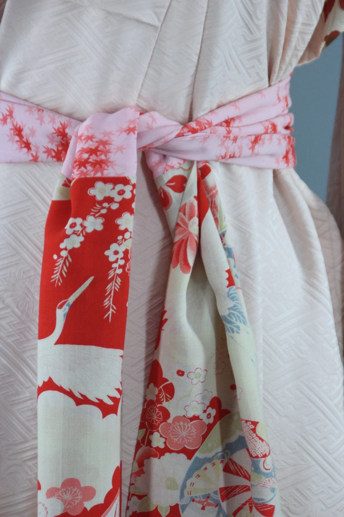 1960s Vintage Silk Kimono Robe Furisode in Pastel Pink and Red Floral Print