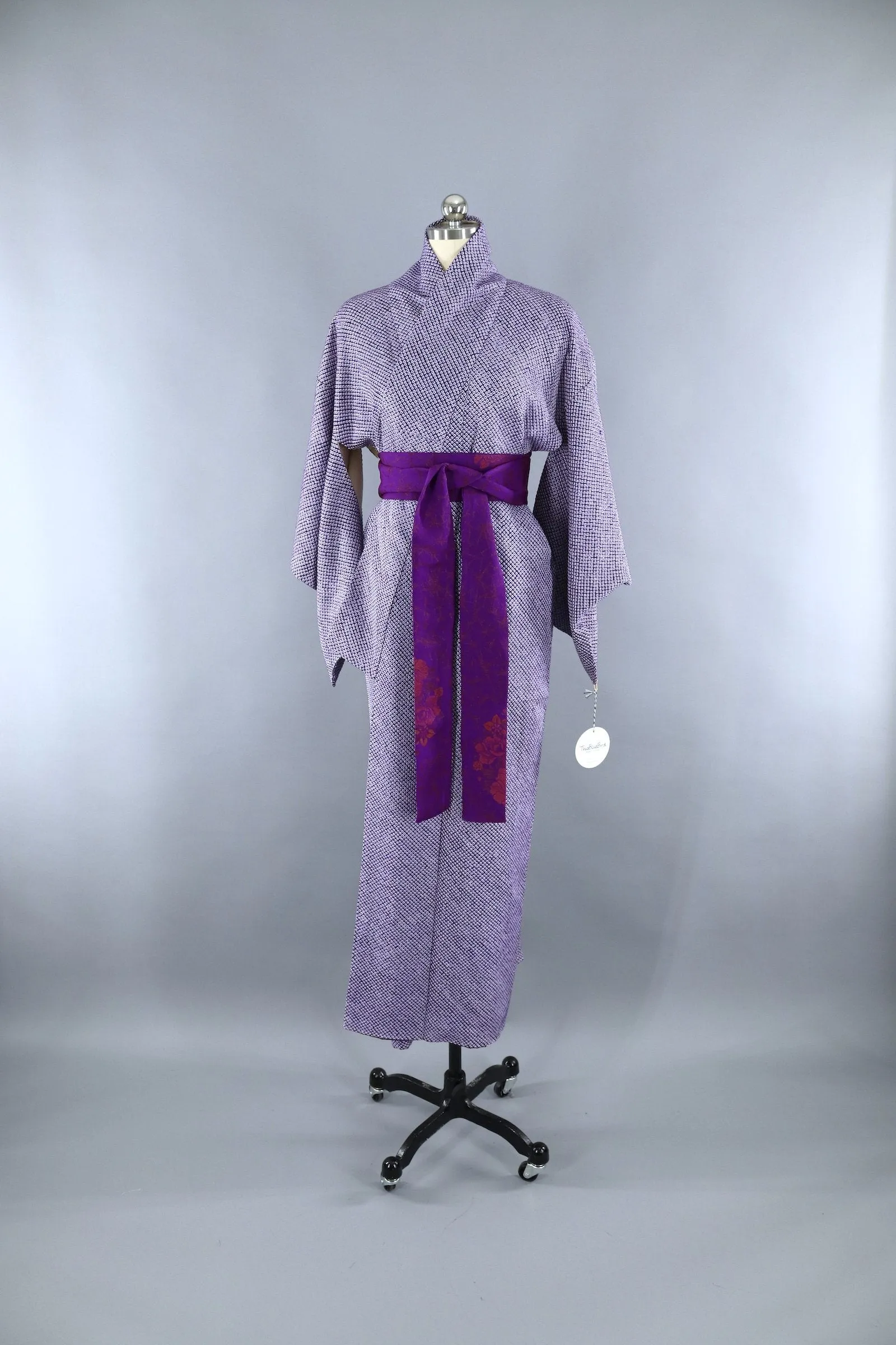 1960s Vintage Silk Kimono Robe / Purple & White Full Shibori