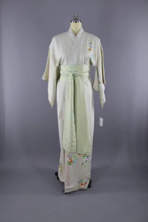 1960s Vintage Silk Kimono Robe / White Floral Print