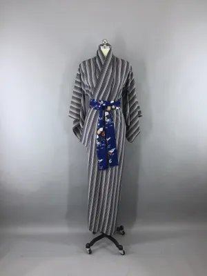 1960s Vintage Silk Kimono Robe with Navy Blue Stripes