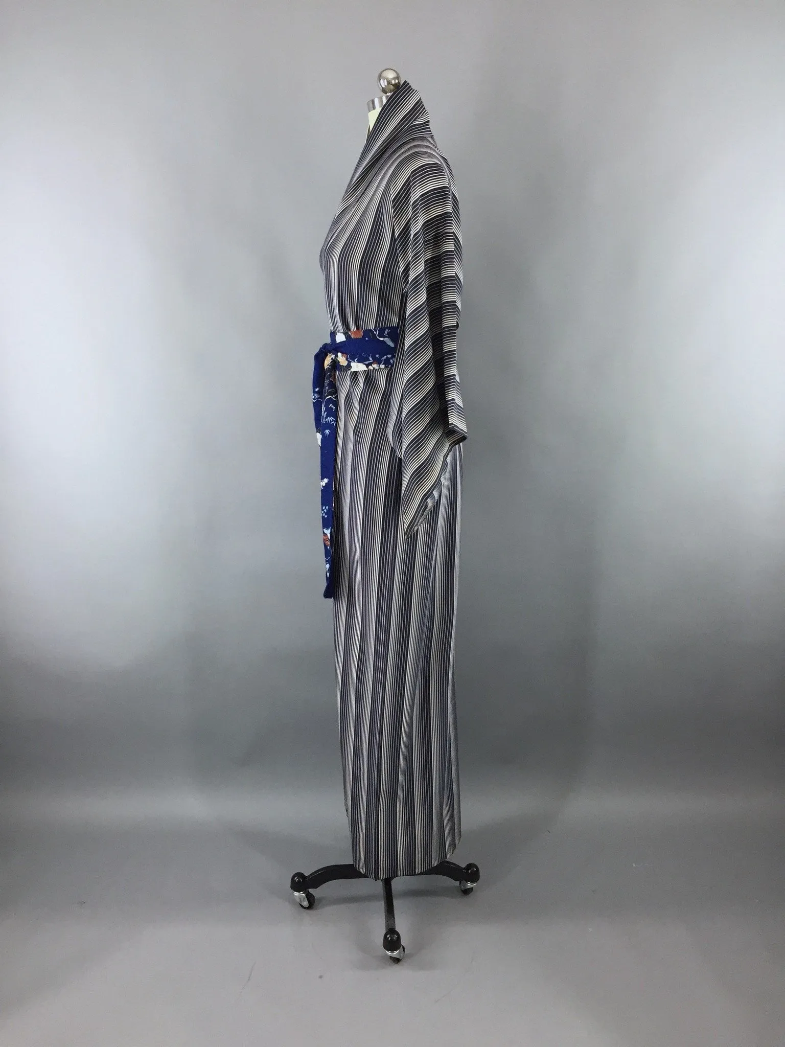 1960s Vintage Silk Kimono Robe with Navy Blue Stripes