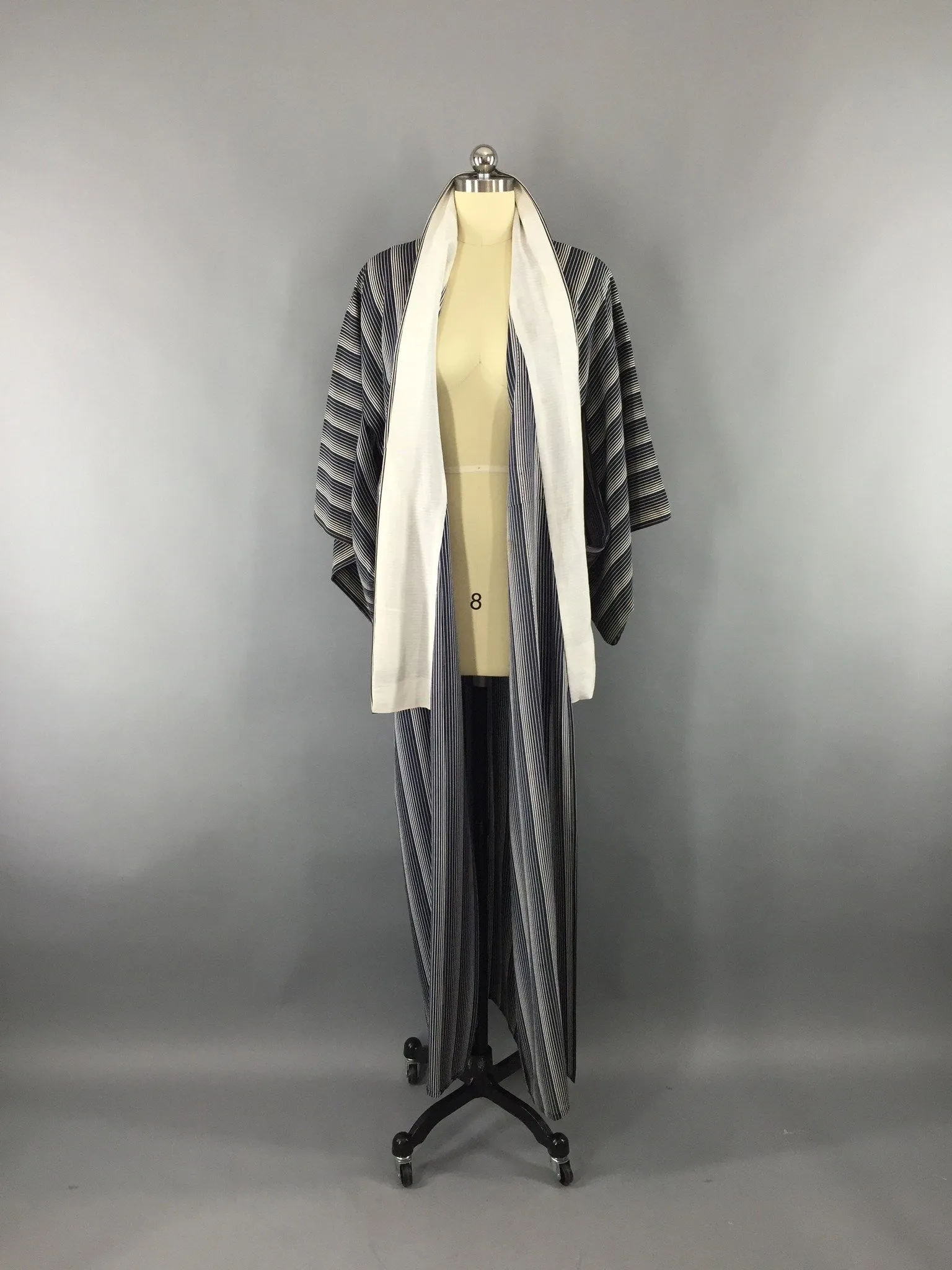 1960s Vintage Silk Kimono Robe with Navy Blue Stripes