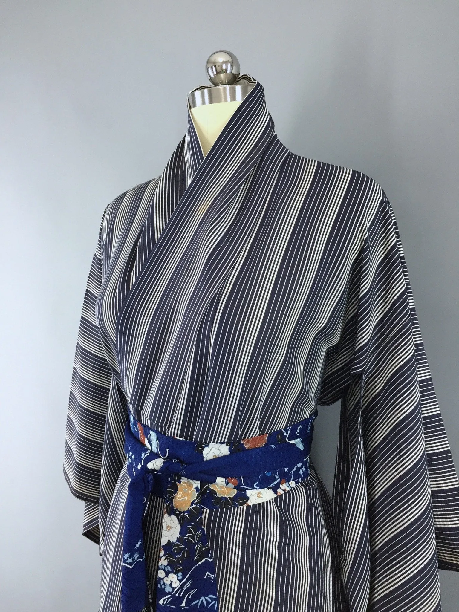 1960s Vintage Silk Kimono Robe with Navy Blue Stripes