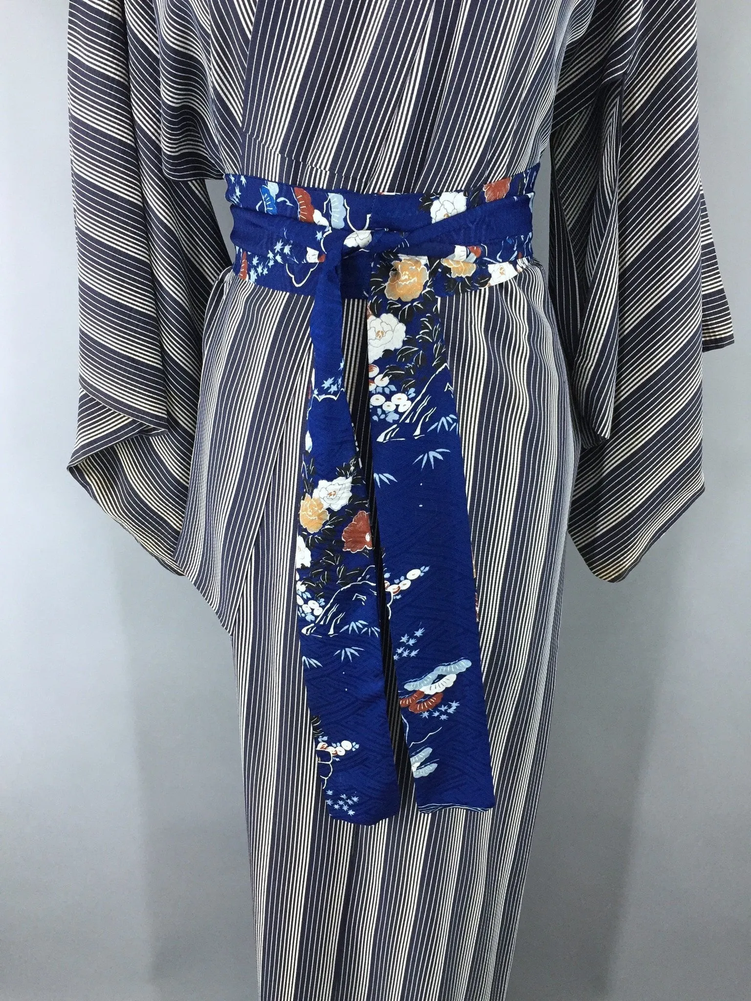 1960s Vintage Silk Kimono Robe with Navy Blue Stripes