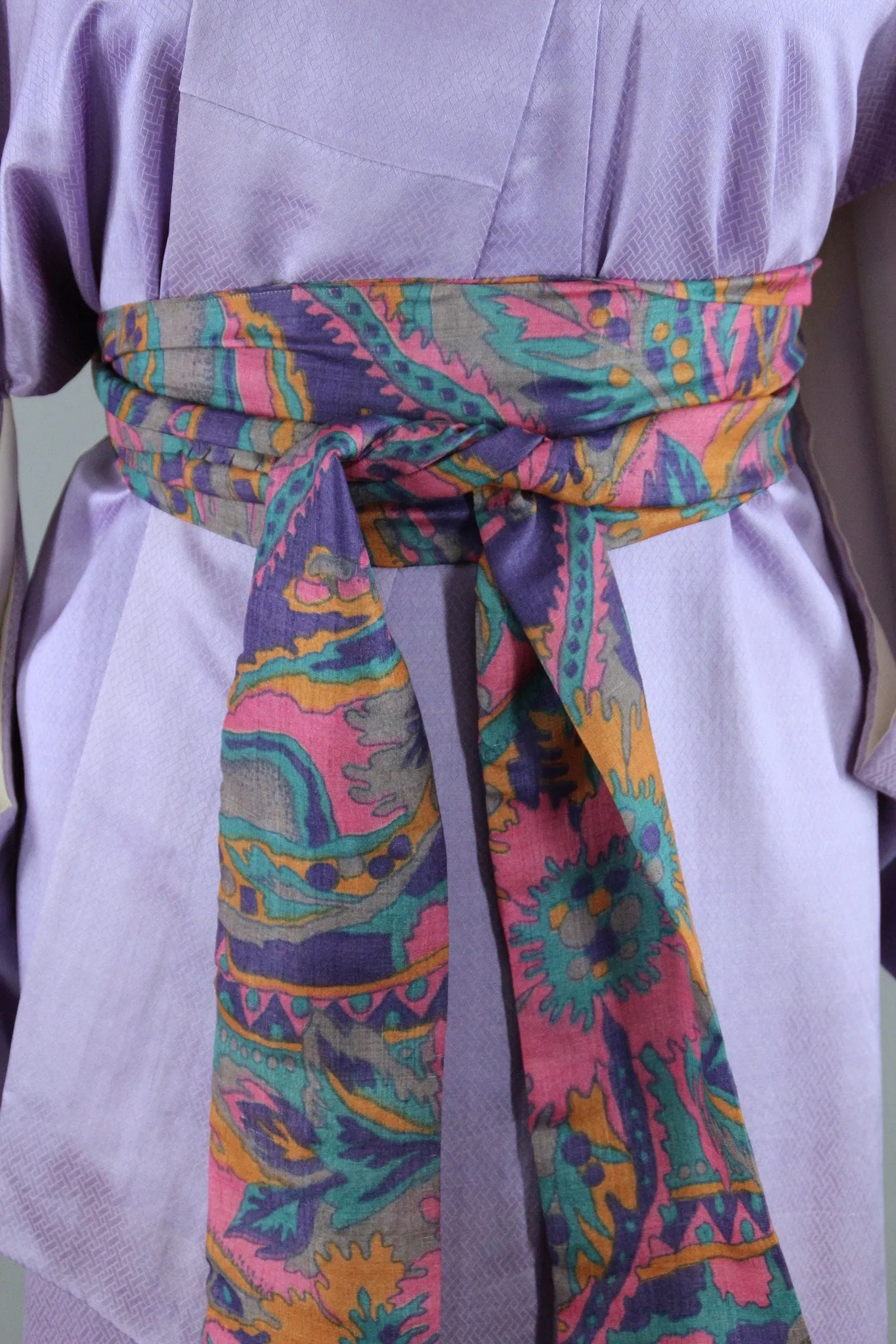 1960s Vintage Silk Satin Kimono Robe / Lavender Herringbone