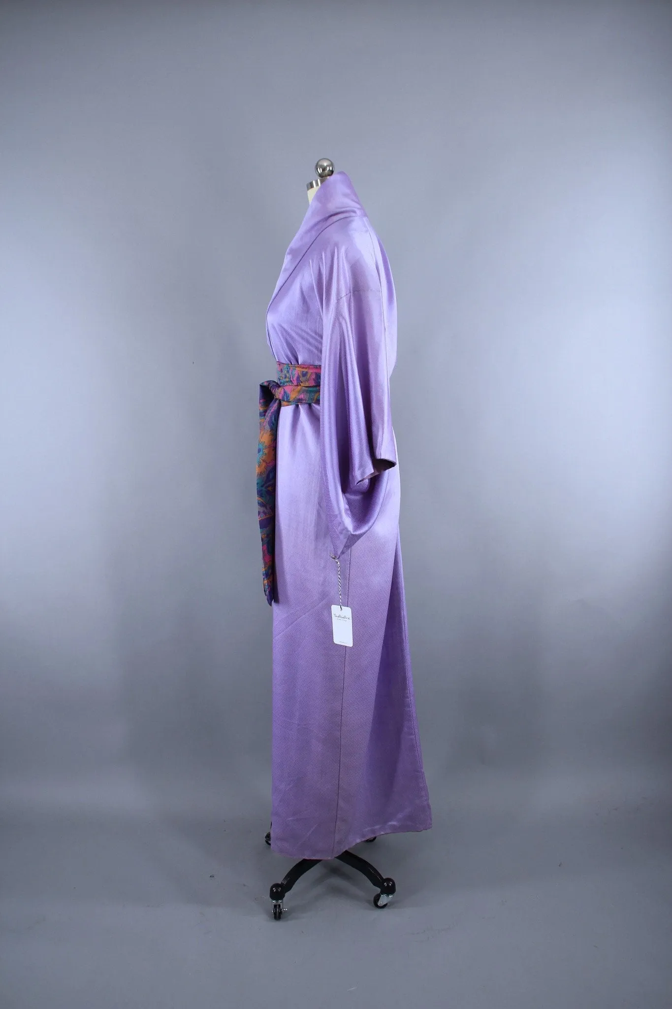 1960s Vintage Silk Satin Kimono Robe / Lavender Herringbone