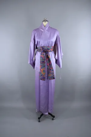 1960s Vintage Silk Satin Kimono Robe / Lavender Herringbone