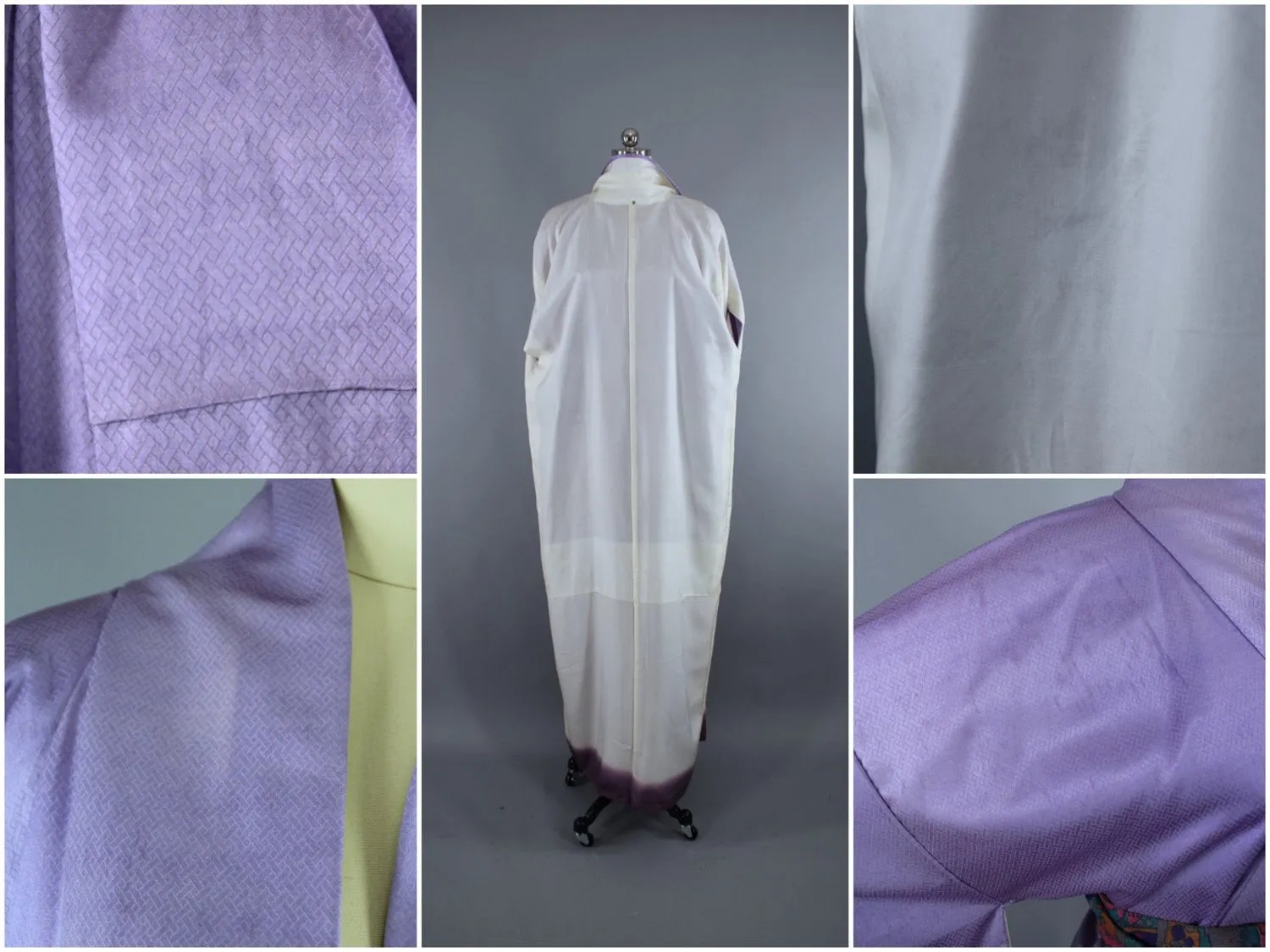 1960s Vintage Silk Satin Kimono Robe / Lavender Herringbone