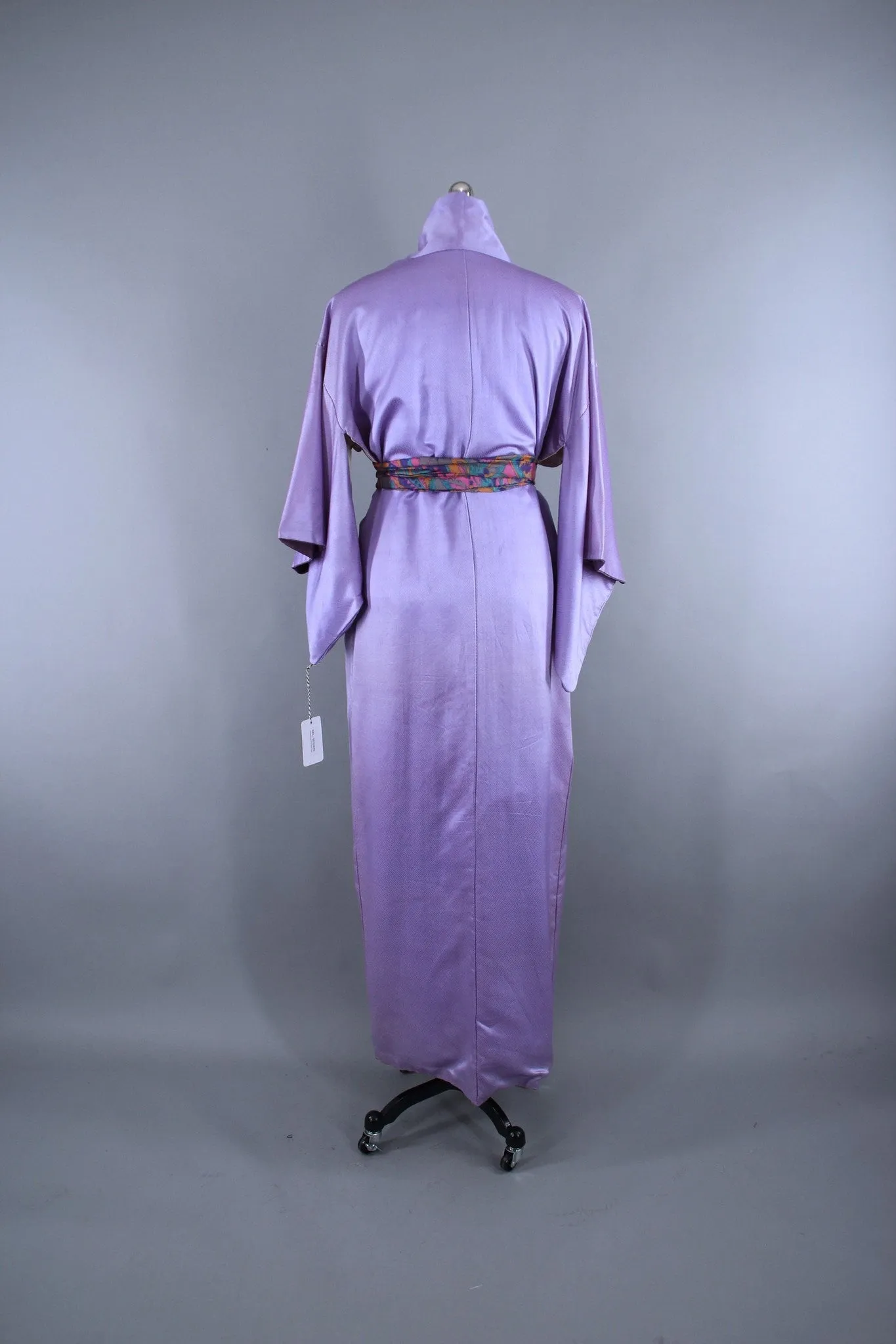 1960s Vintage Silk Satin Kimono Robe / Lavender Herringbone