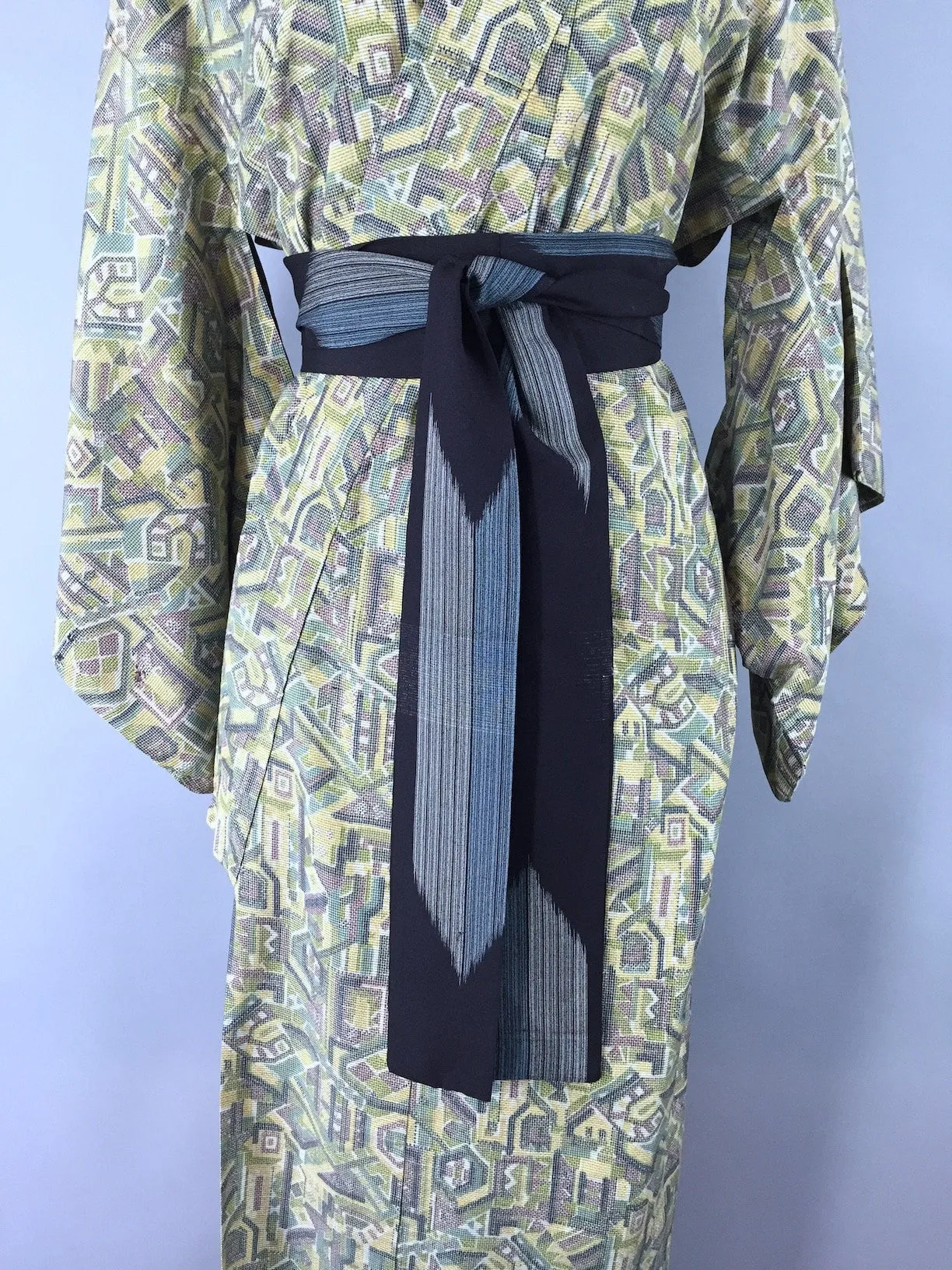 1970s Vintage Kimono Robe / Green & Yellow Abstract