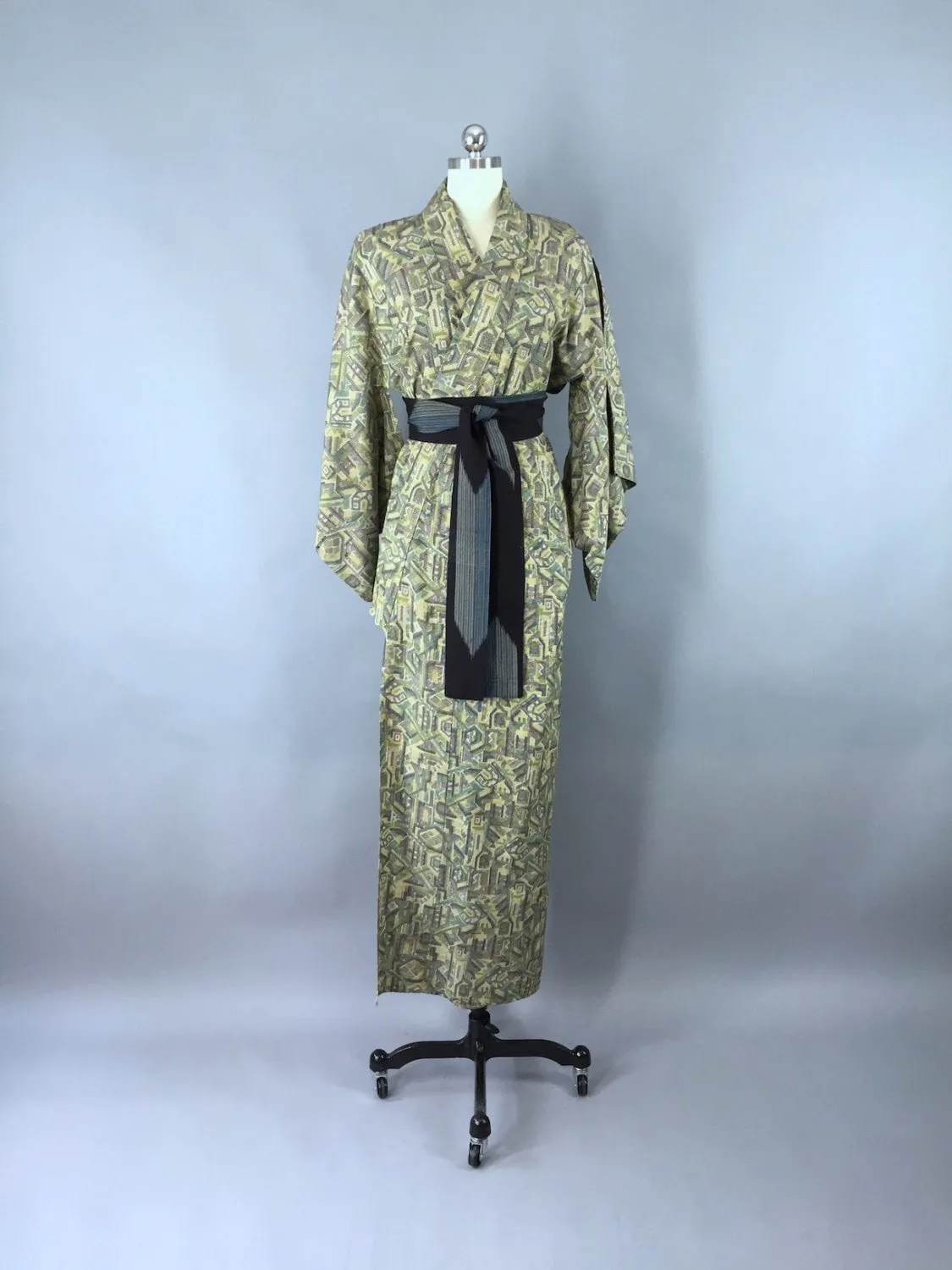 1970s Vintage Kimono Robe / Green & Yellow Abstract