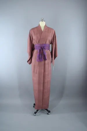 1970s Vintage Kimono Robe in Dark Mauve Tiny Floral Print