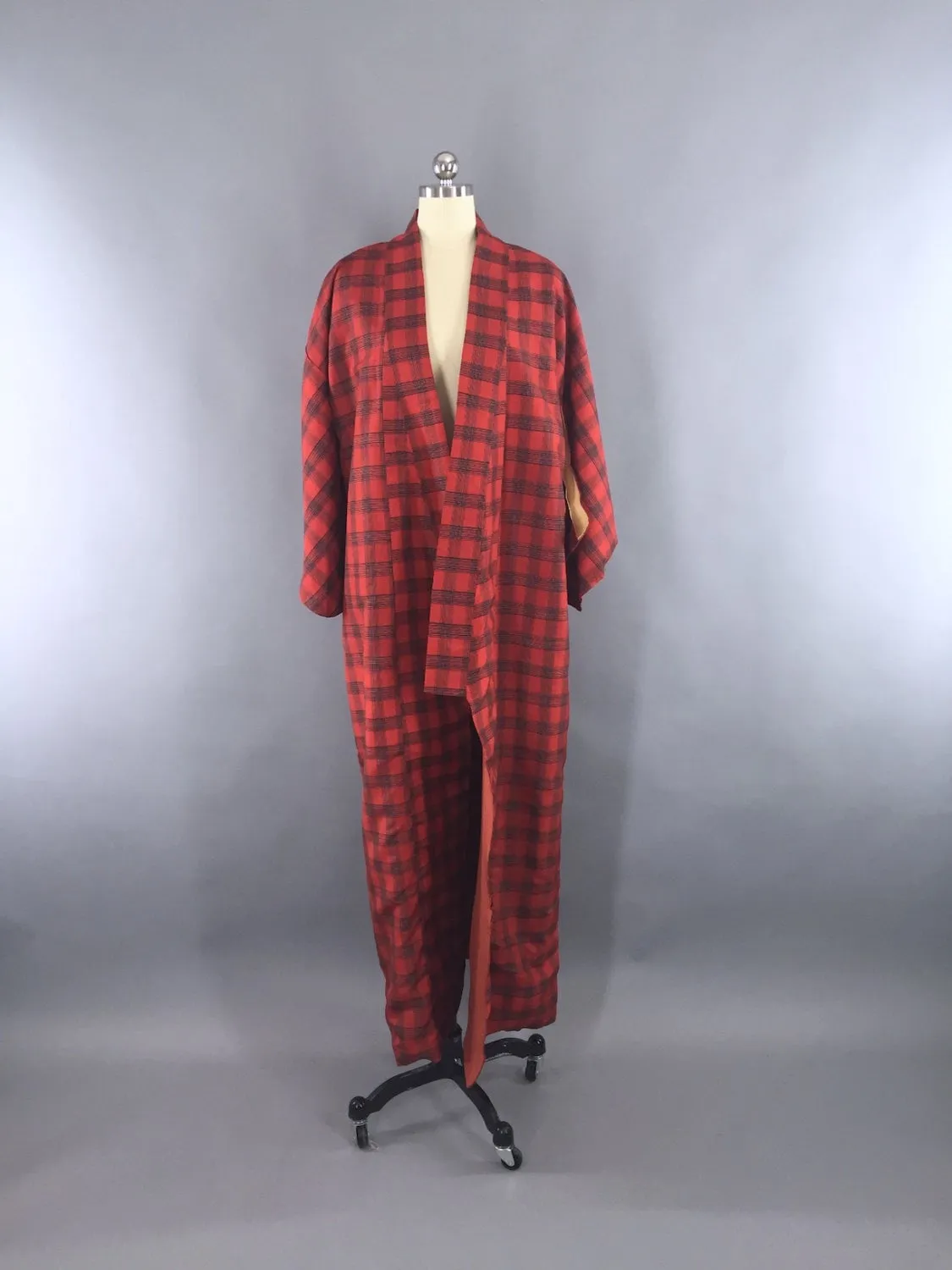 1970s Vintage Kimono Robe / Red Plaid Robe