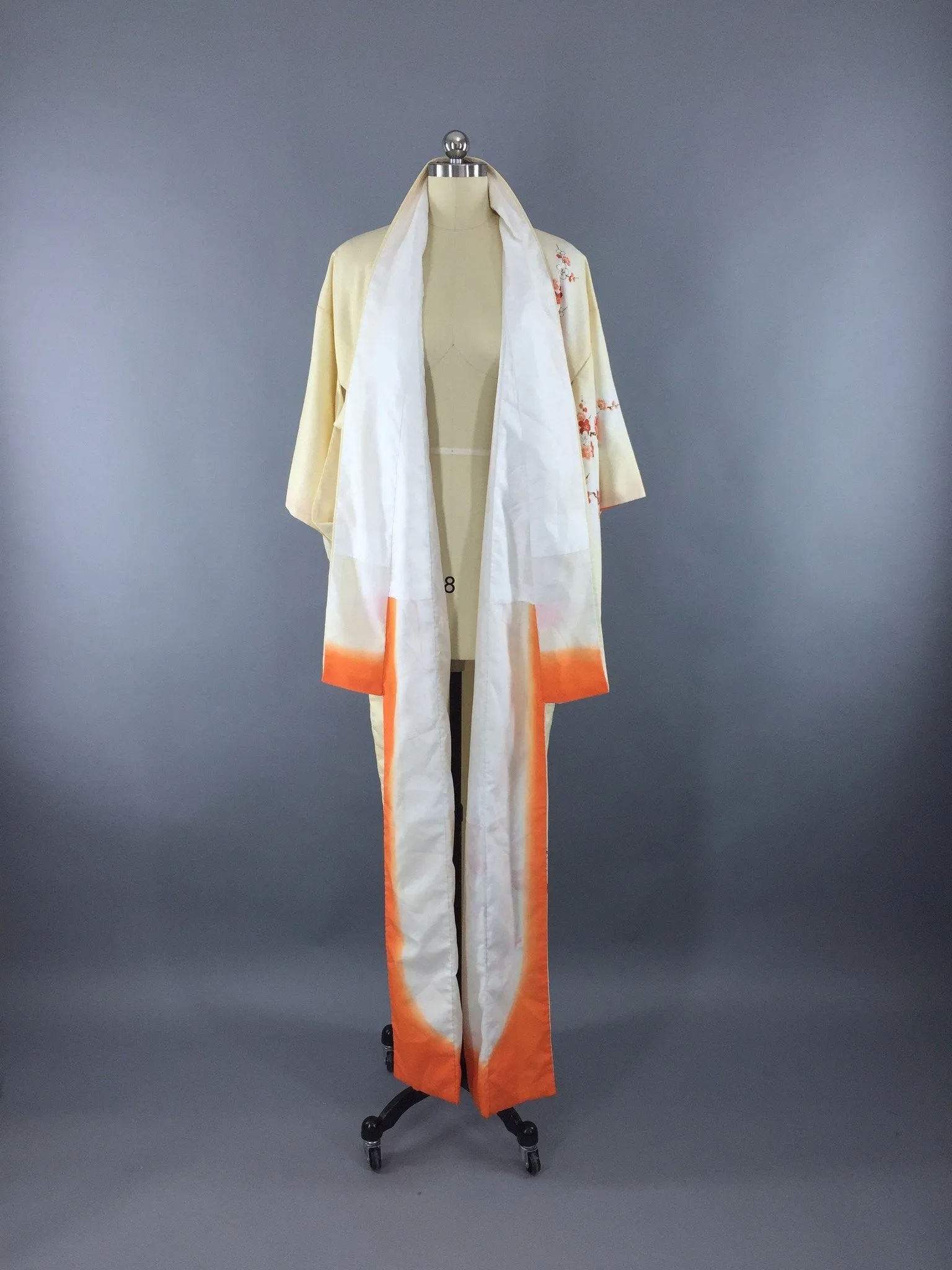 1970s Vintage Kimono Robe with Yellow and Orange Floral Print