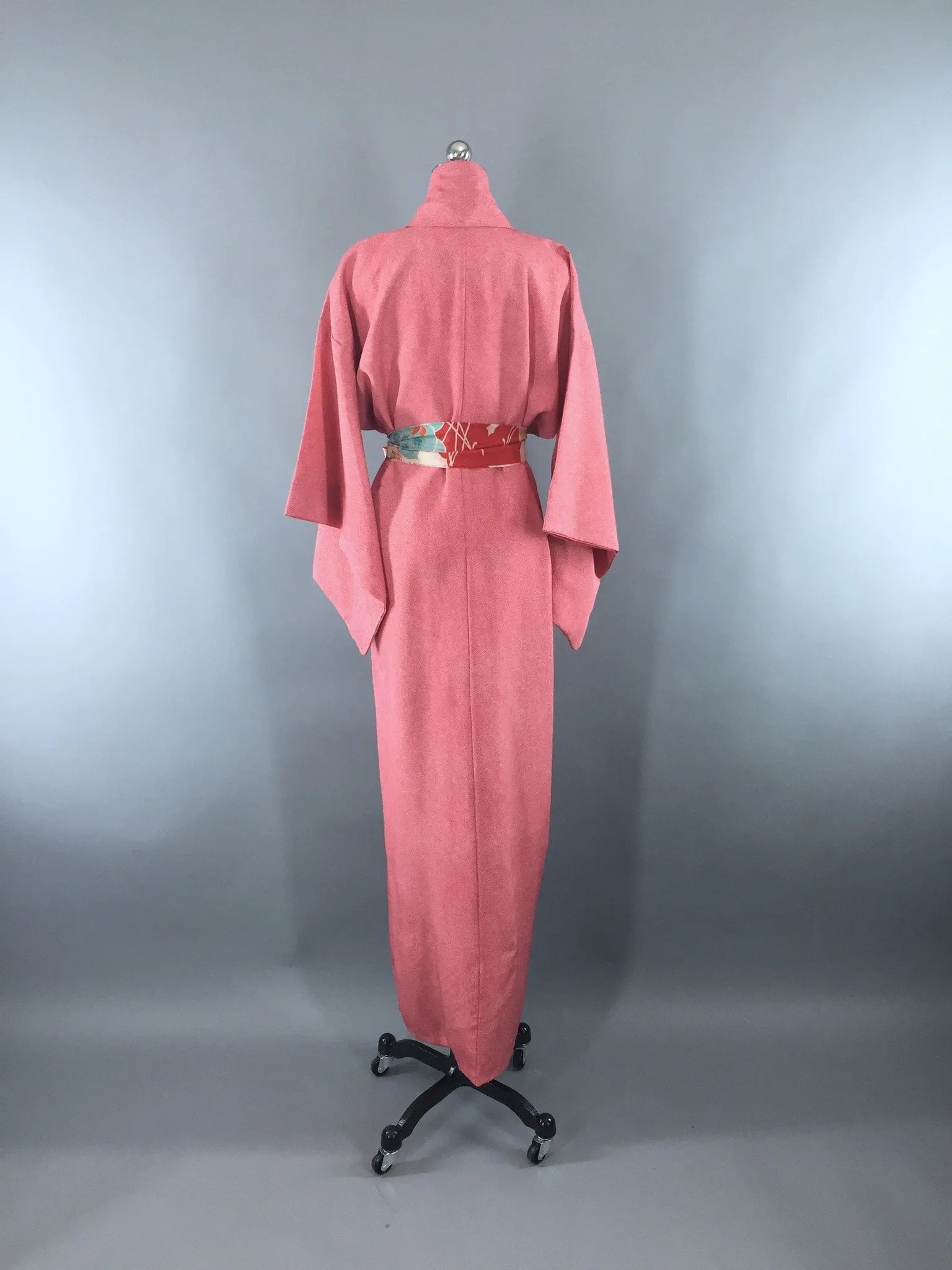 1970s Vintage Silk Kimono Robe in Watermelon Pink Polka Dots