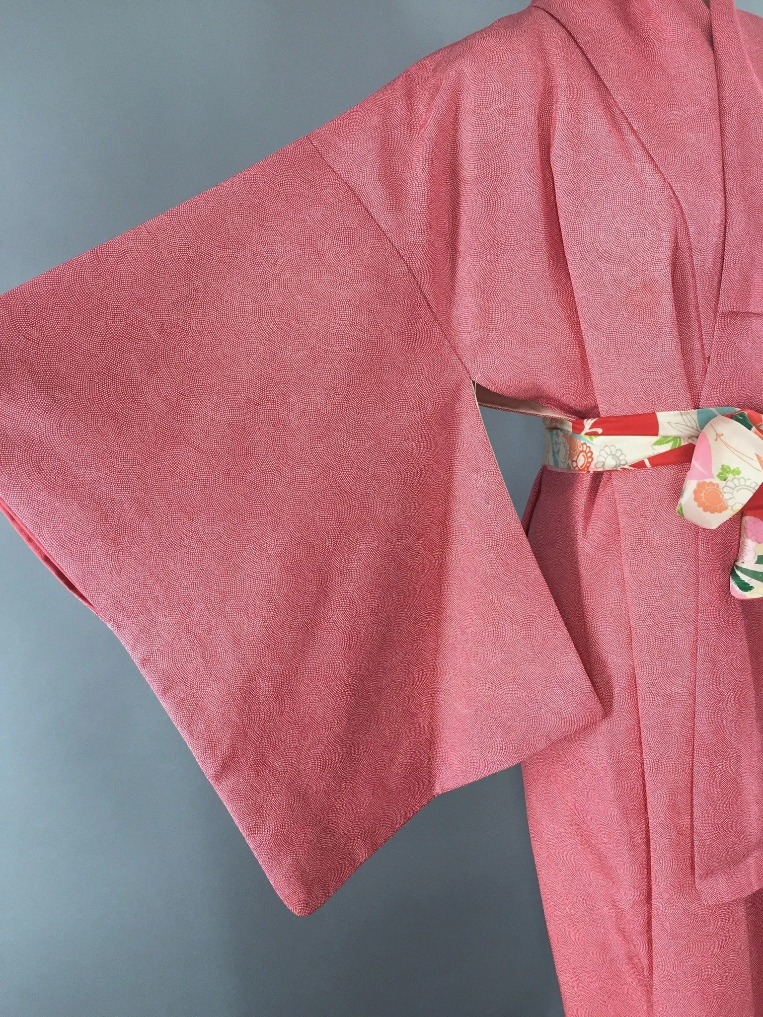 1970s Vintage Silk Kimono Robe in Watermelon Pink Polka Dots