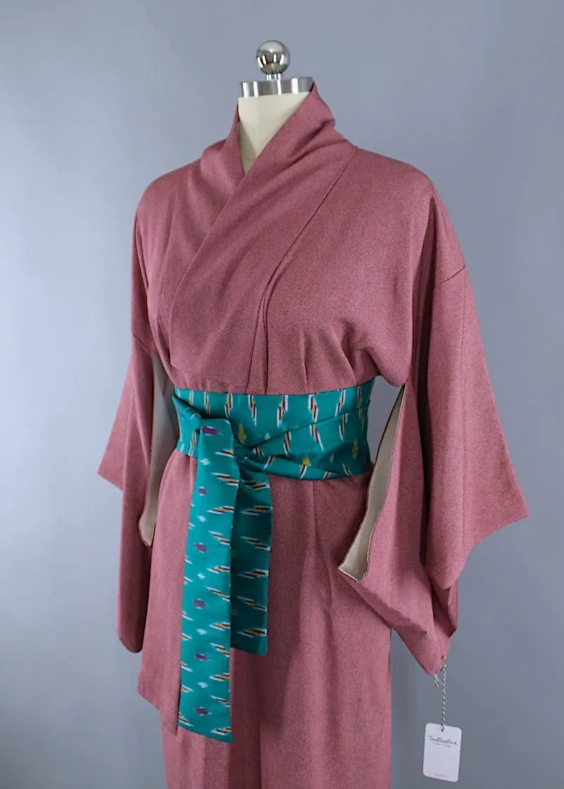 1970s Vintage Silk Kimono Robe / Red Purple Micro Polka Dots