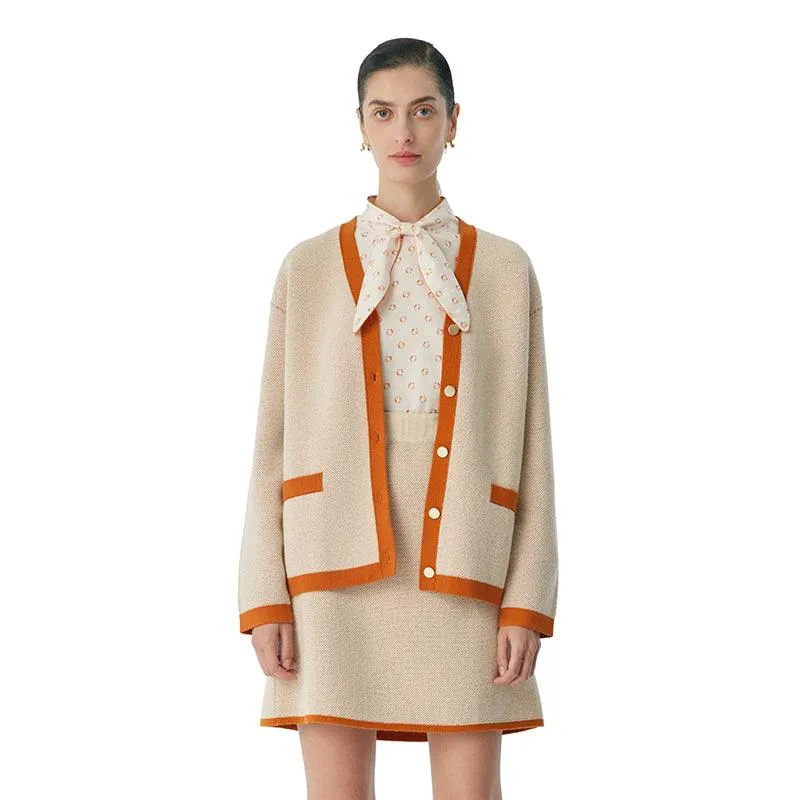 Apricot Woven Suit Cardigan And Half Skirt