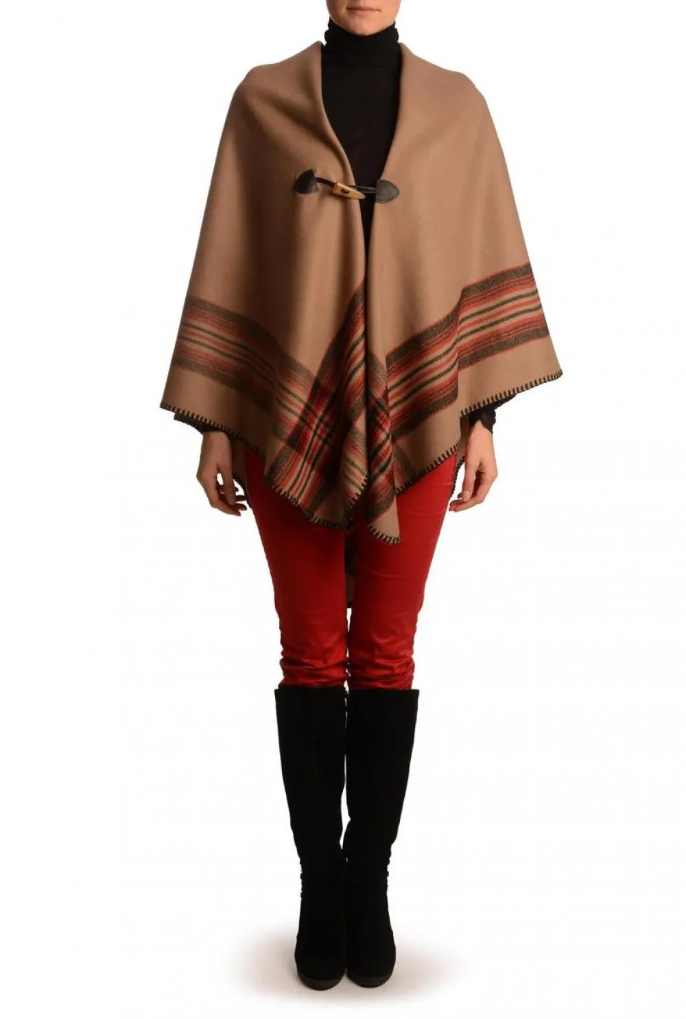 Beige Square With Wide Stripe Fastening Blanket Wrap (Poncho)