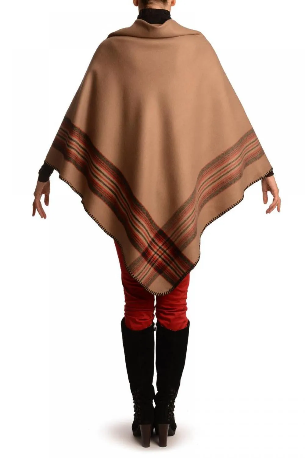 Beige Square With Wide Stripe Fastening Blanket Wrap (Poncho)