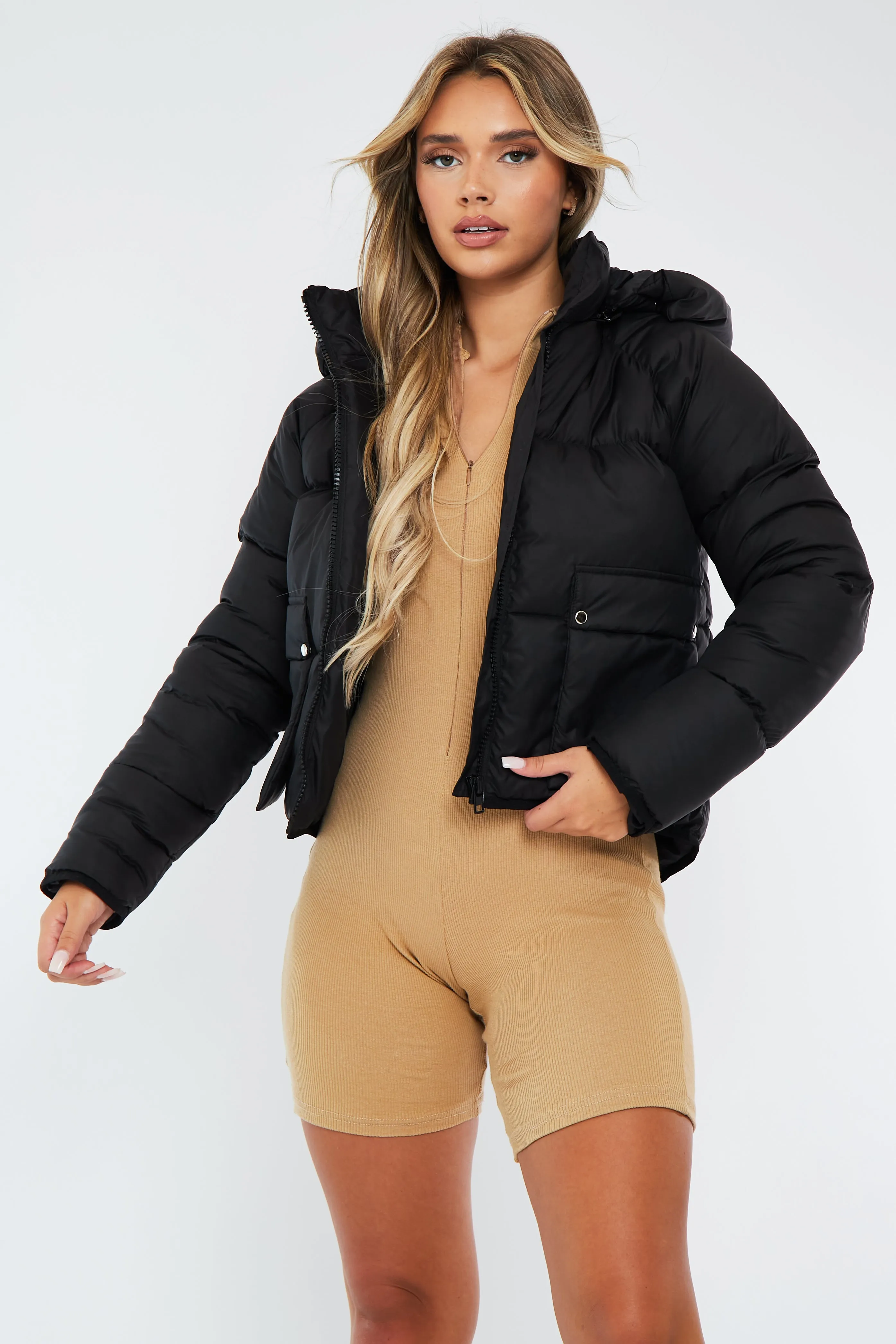 Black Dropped Hem Front Pocket Puffer Jacket - Amelia