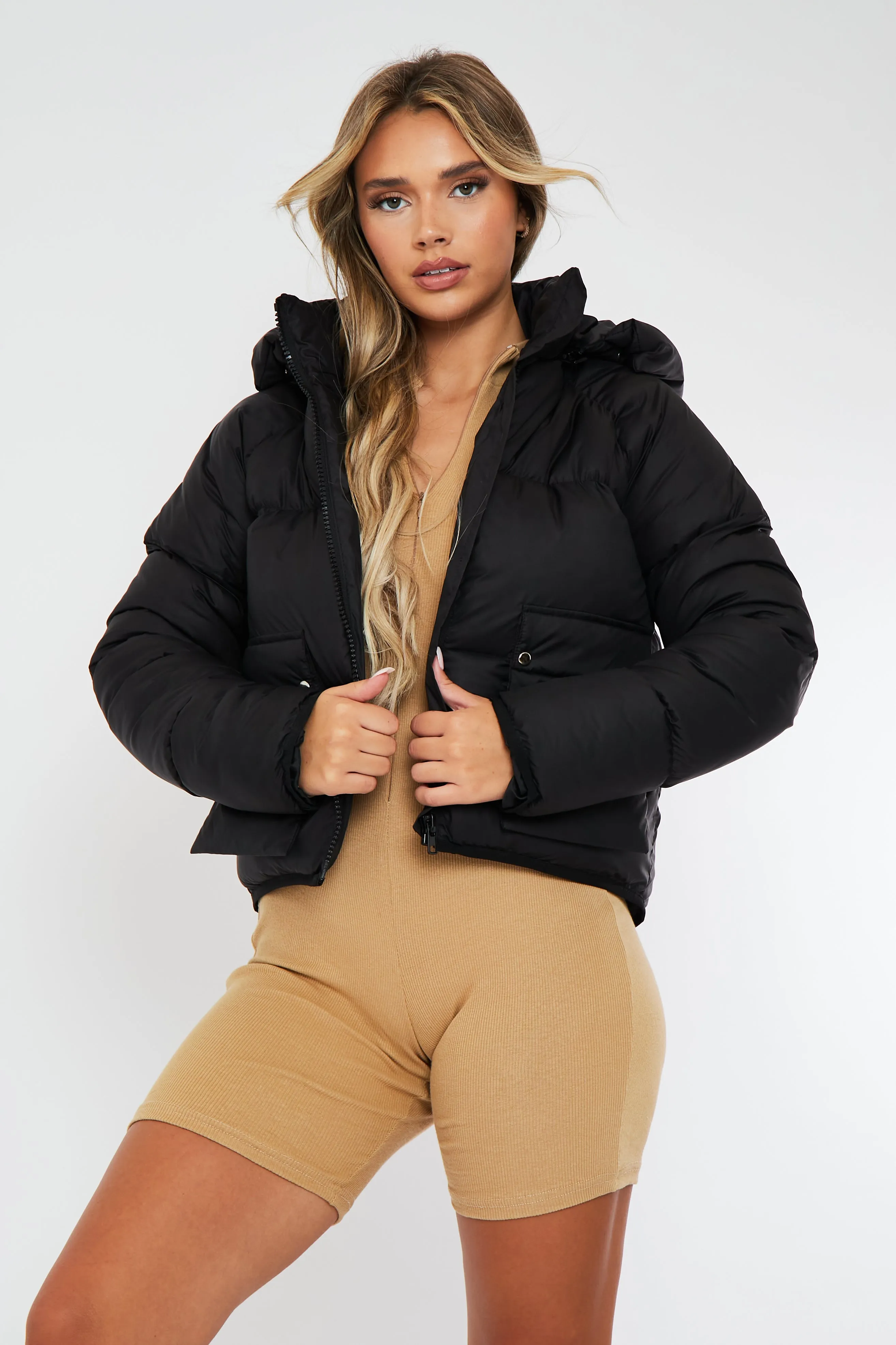 Black Dropped Hem Front Pocket Puffer Jacket - Amelia