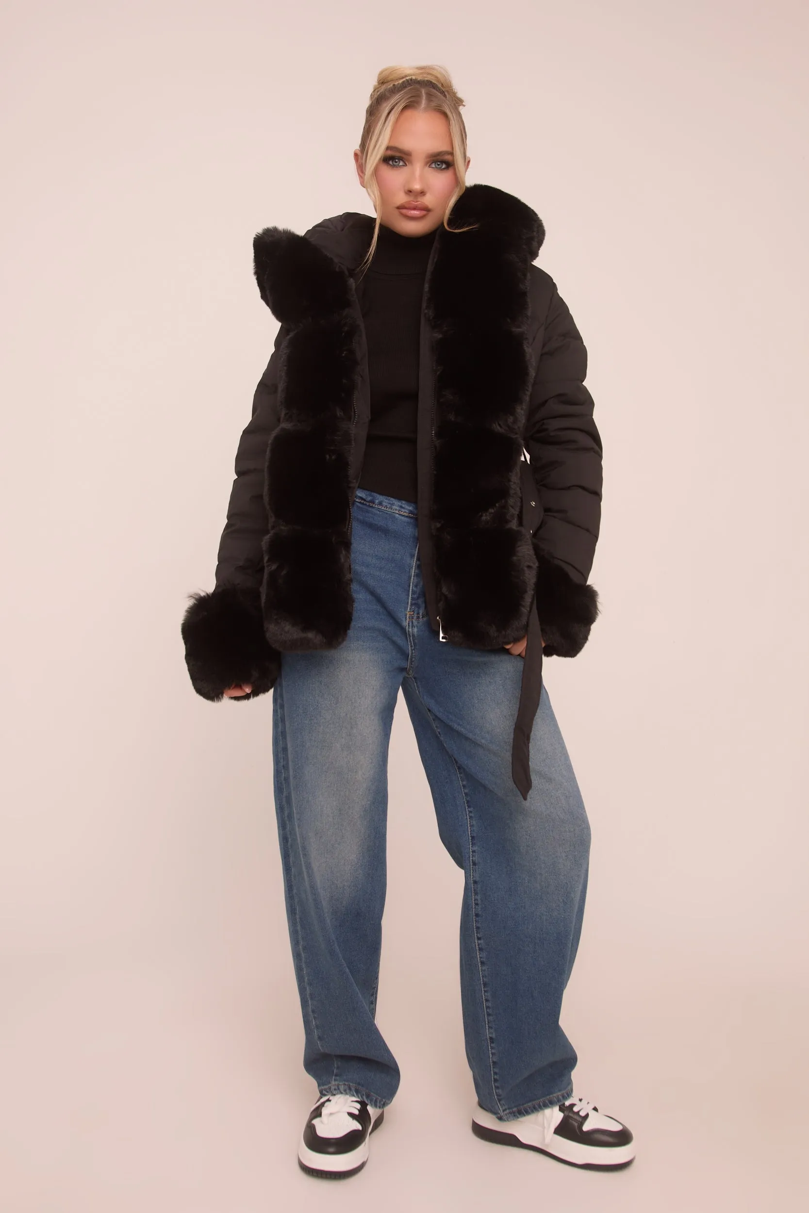 Black Faux Fur Trim Hooded Puffer Jacket - Betty