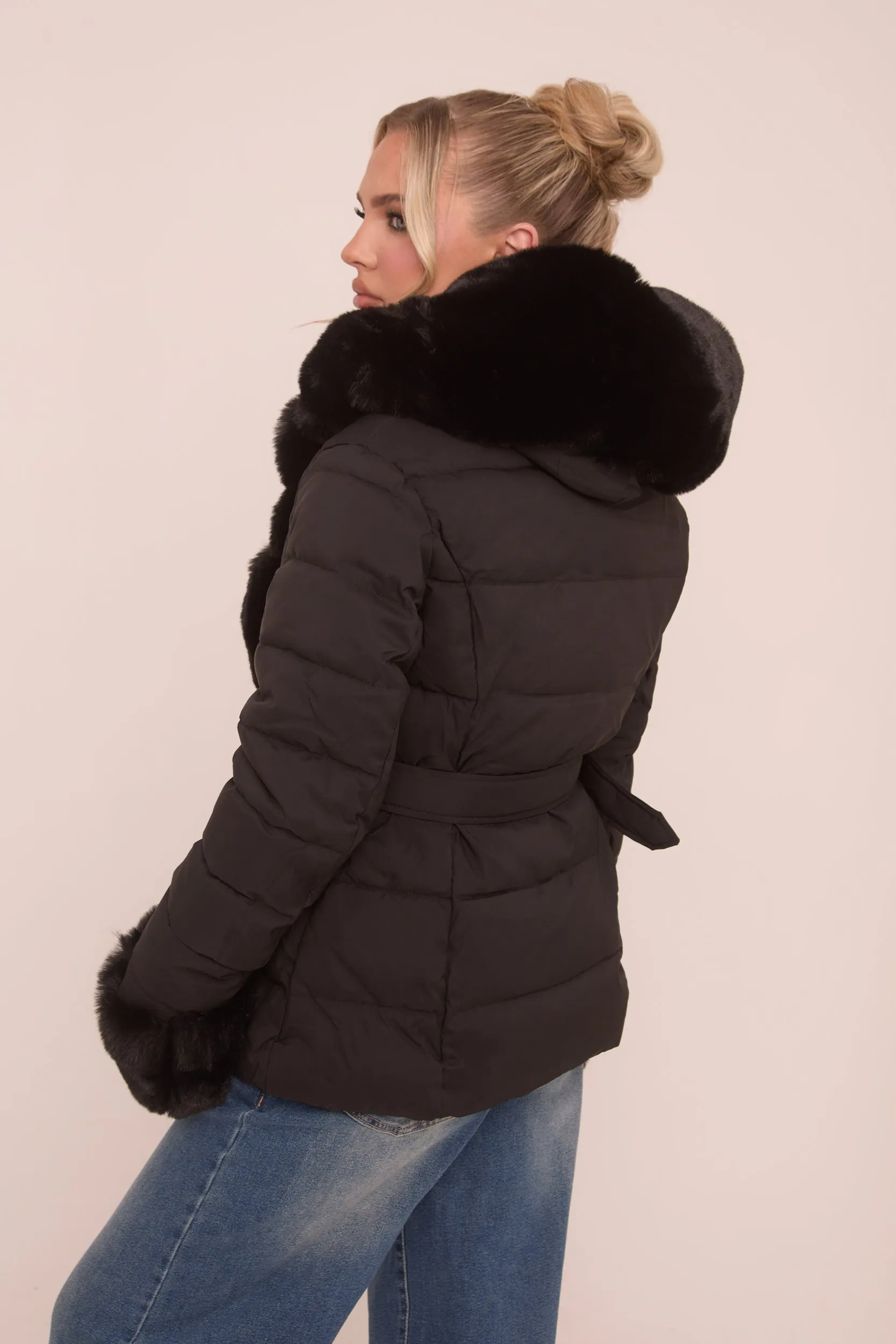 Black Faux Fur Trim Hooded Puffer Jacket - Betty