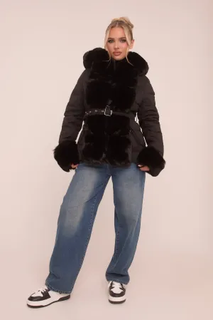 Black Faux Fur Trim Hooded Puffer Jacket - Betty