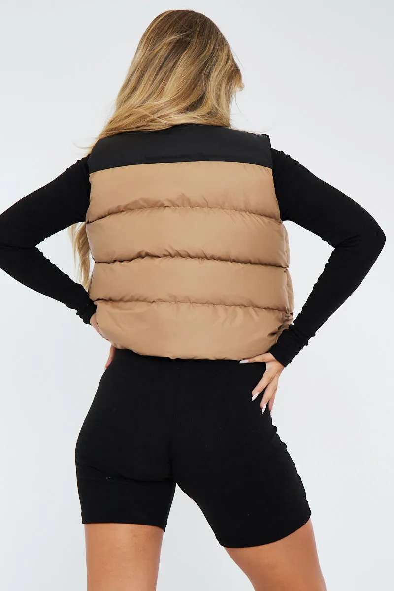 Camel Contrast Front Puffer Gilet - Mikenzie