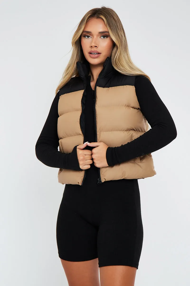 Camel Contrast Front Puffer Gilet - Mikenzie